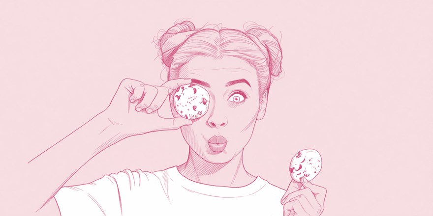 illustratie van een vrouw die een koekje voor haar ogen houdt