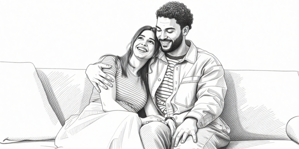 illustration of an adult couple laughing on the couch
