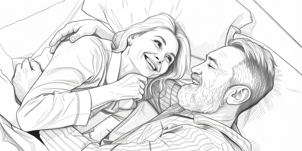 illustration of an adult couple smiling in bed