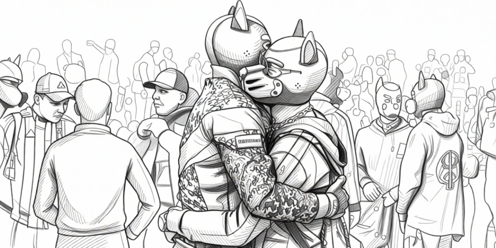 two men hugging in a pup costume at Darklands in Antwerp