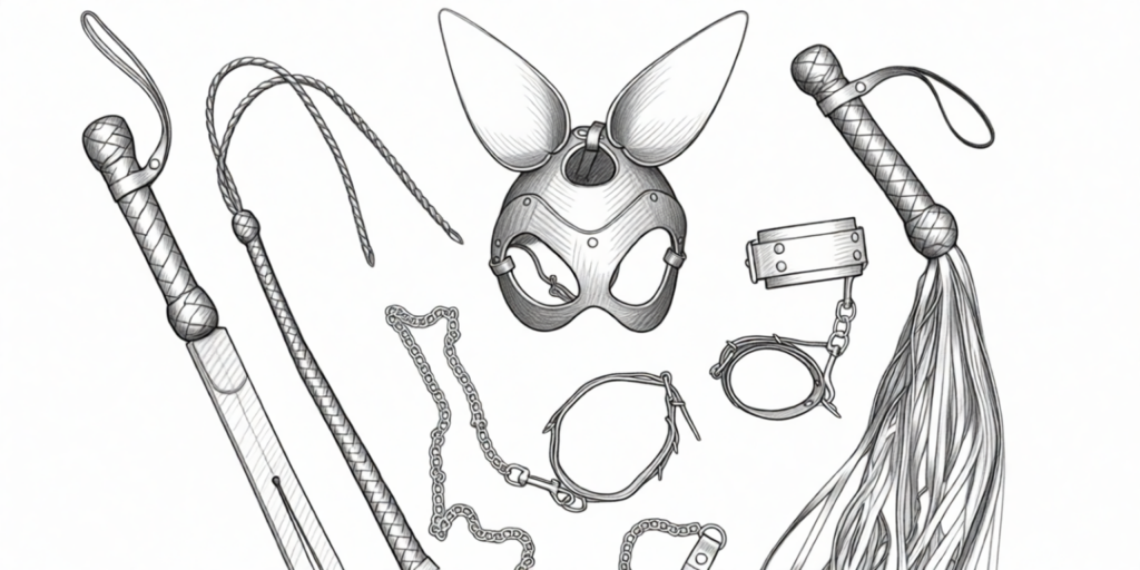 illustration of various bdsm attributes like a mask, flogger, whip and collars