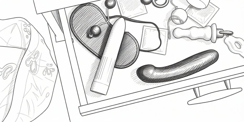 Van solo naar samen: wat doe jij met je toys als je een relatie krijgt? 1 bedside drawer with various toys and items