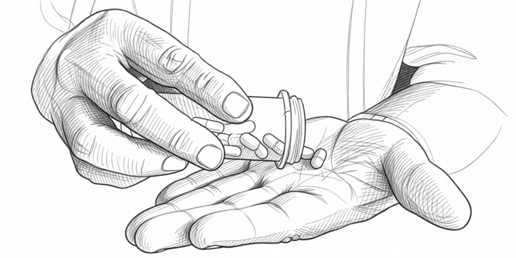 een hand houdt een flesje vast terwijl penisvergrotende pillen in de andere hand vallen