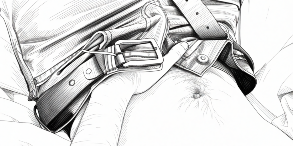 close-up illustration of a man laying on a bed with his hand in his pants