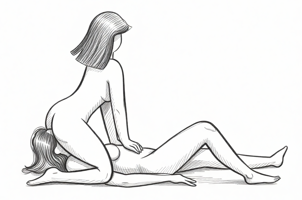 twee naakte vrouwen in het standje face sit, waarbij de ene vrouw op de andere zit