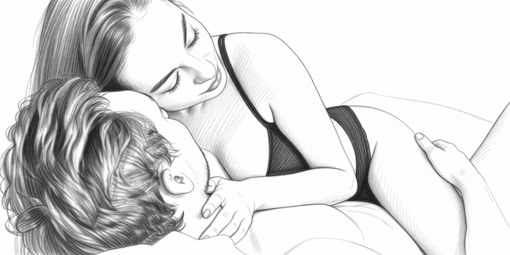 zwart-wit tekening van een vrouw en man die elkaar omhelzen