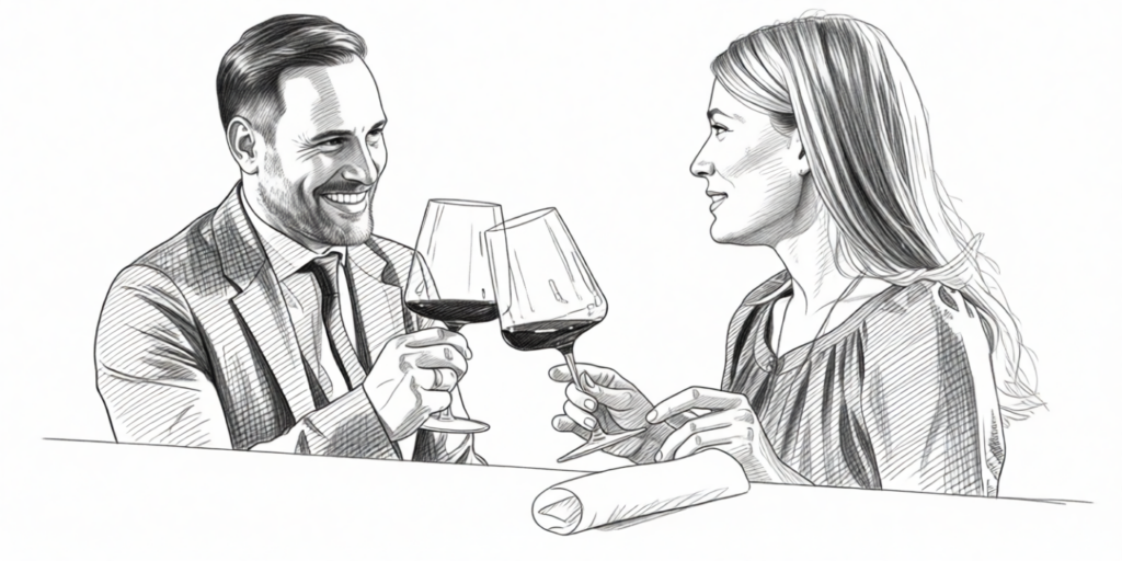 illustration of a couple clinking their wineglasses and smiling