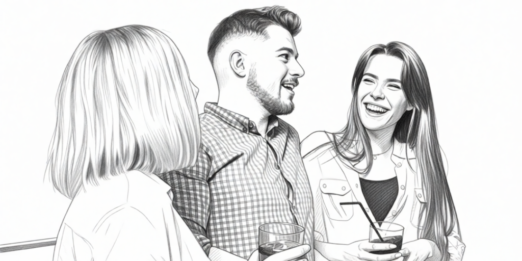 illustration of a male and two females in a swingersclub, talking at the bar