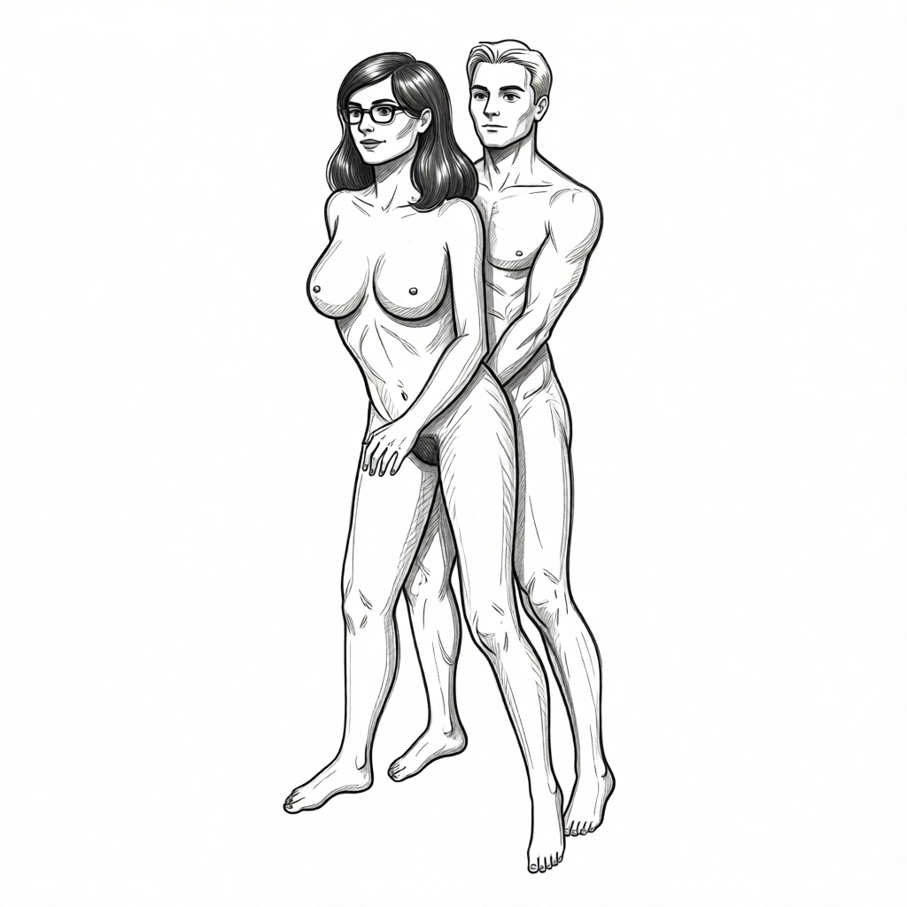 naakte man en vrouw staan naakt tegen elkaar aan, de vrouw heeft een hand op haar schaamdeel