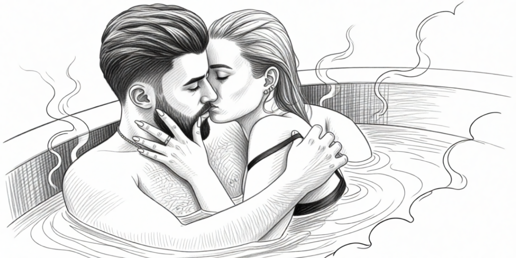 illustration of a couple kissing in the jacuzzi