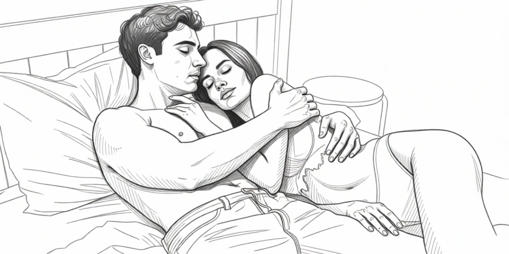illustration of a couple intimately cuddling on bed