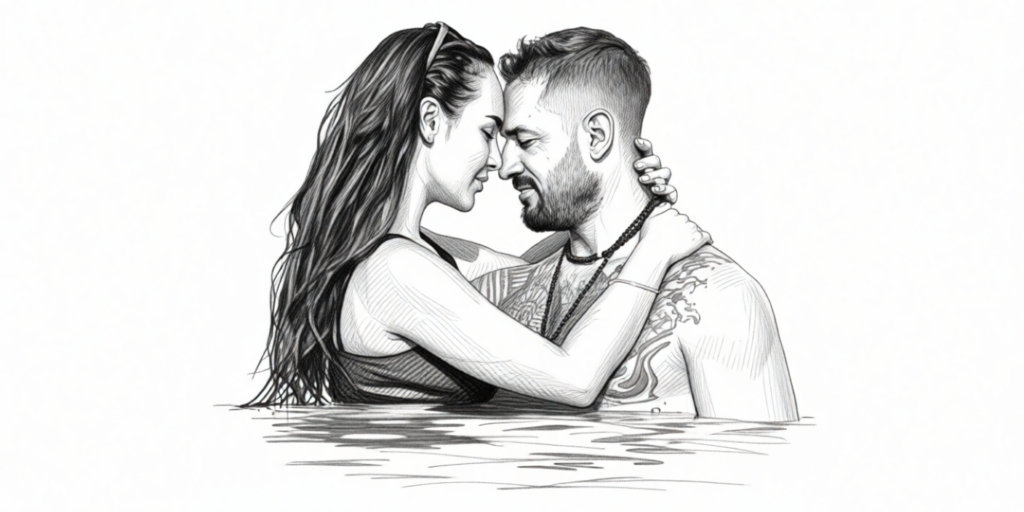 illustration of a couple kissing in the water