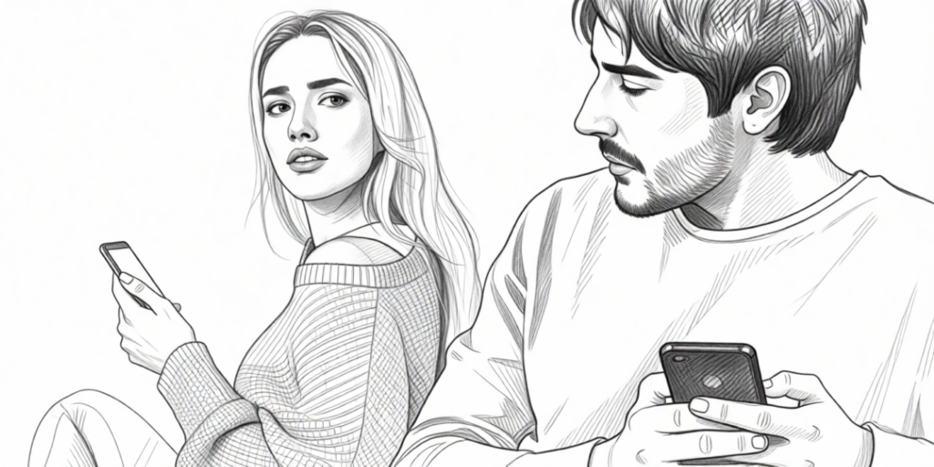 illustration of a worried and jealous couple on their phones