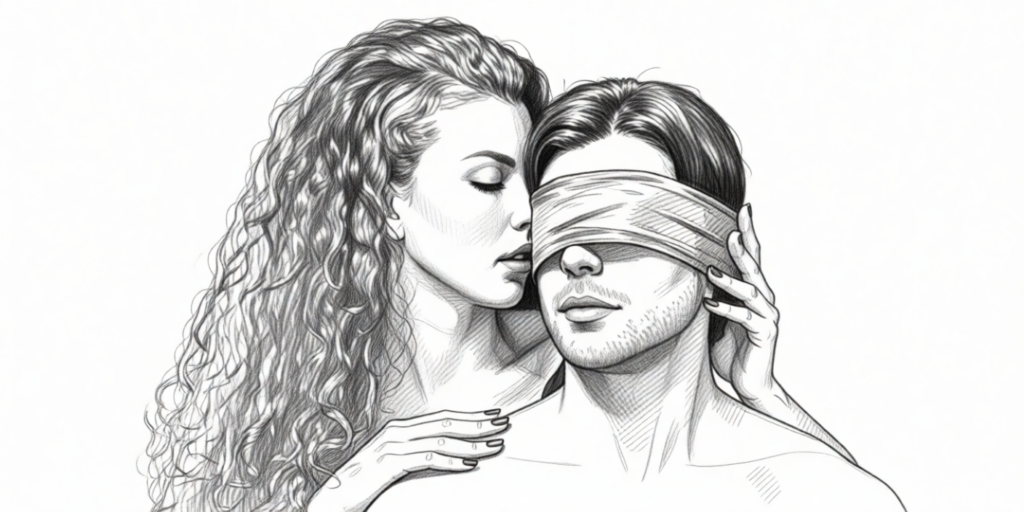 illustration of a woman standing next to a man that is wearing a blindfold