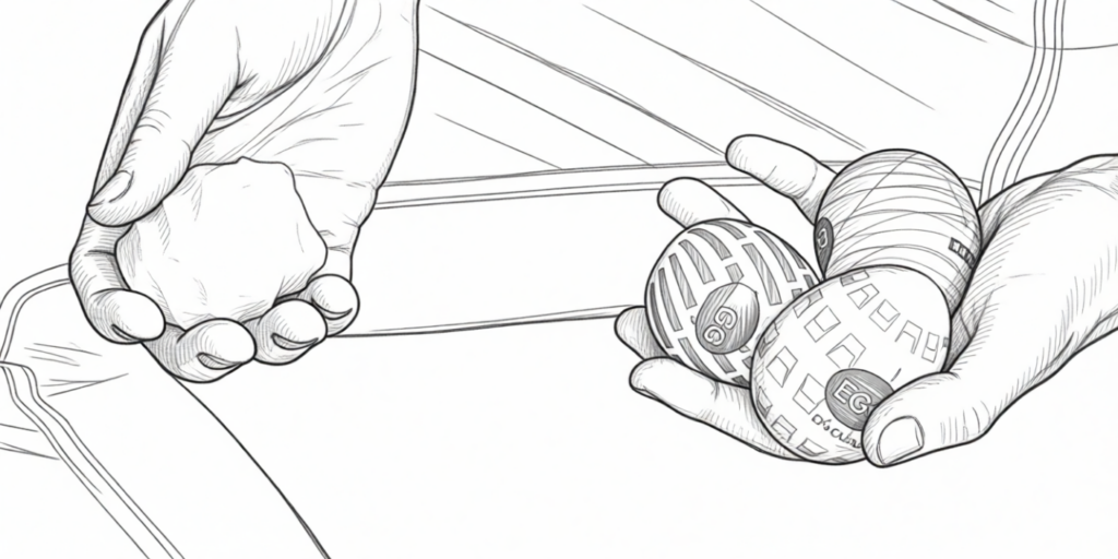een hand houdt een egg masturbator vast