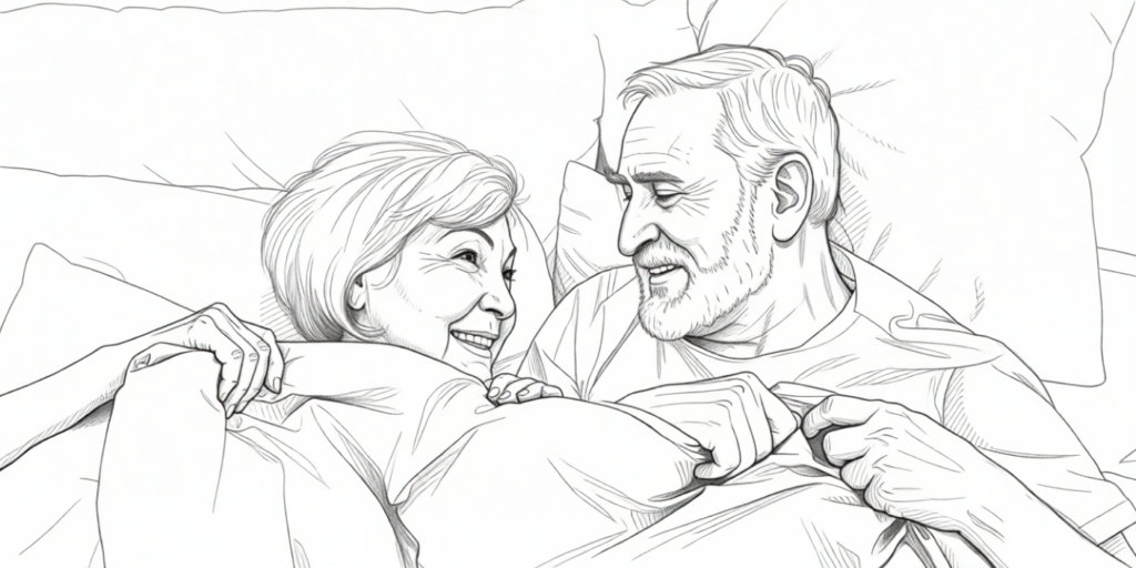 illustration of an elderly couple in bed, smiling and looking at each other