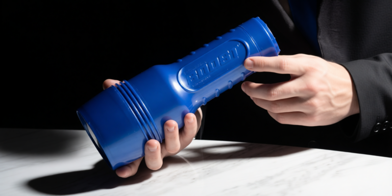 een mannelijke hand houdt een blauwe fleshlight masturbator vast
