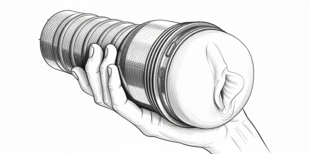 een hand houdt een Fleshlight masturbator vast