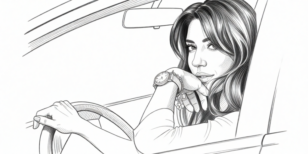 illustration of a flirty woman in a car, looking at the camera