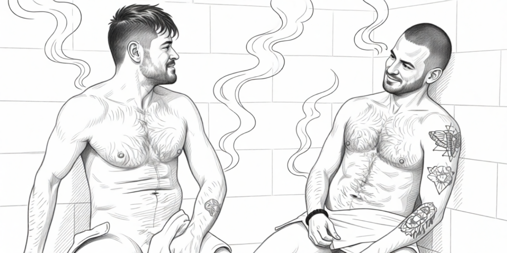 twee naakte mannen met tatoeages zitten in een gay sauna en kijken elkaar aan