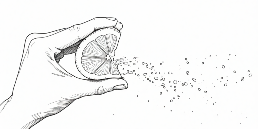 illustration of a hand squeezing a lemon, it sprays lemon juice