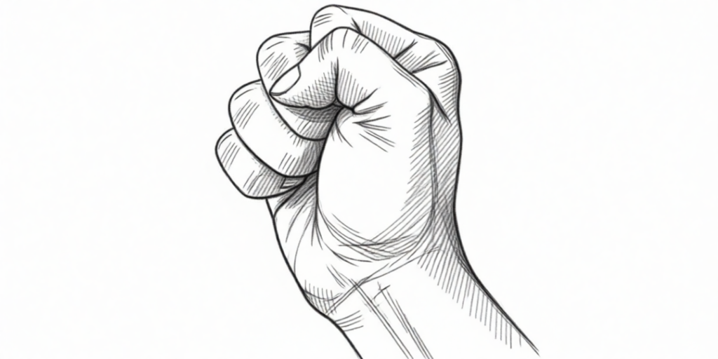 een zwart-wit lijntekening van een gebalde vuist die omhoog wijst