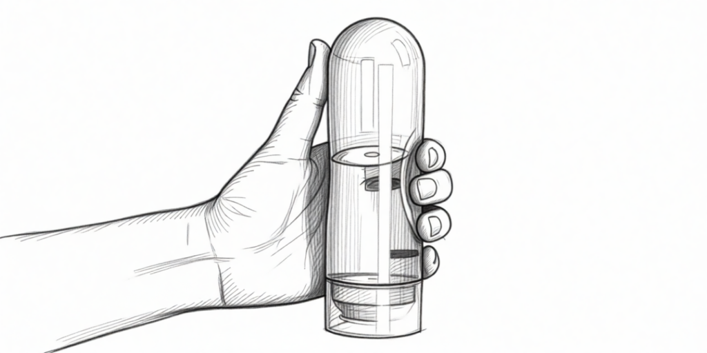 een hand houdt een doorzichtige fles glijmiddel vast
