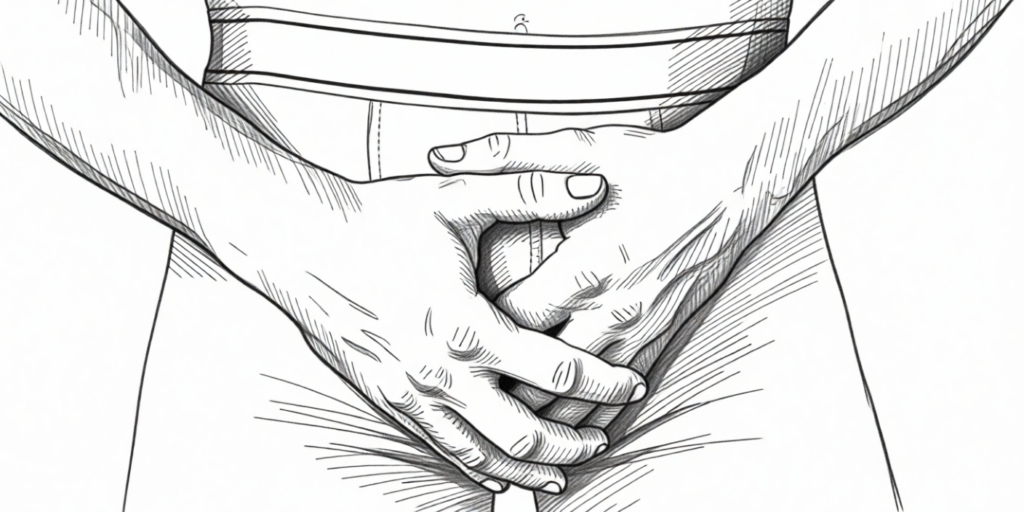 een persoon houdt zijn handen over zijn onderbroek, getekend in zwart-wit
