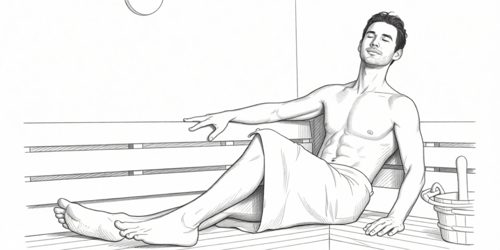 naakte man ontspannen in sauna met gesloten ogen en een hand op de bank