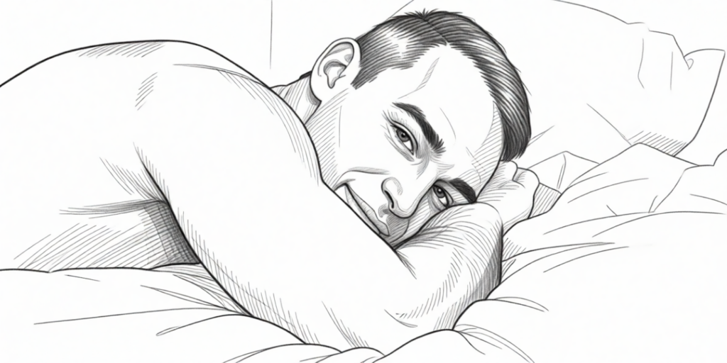 illustration of a young man laying on bed and glancing into the camera