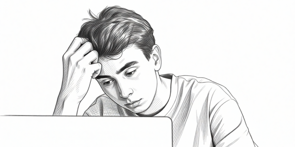 Hard worden én hard blijven: zo fix je een slappe erectie 2 jongen met een hand op zijn hoofd kijkt naar een laptop