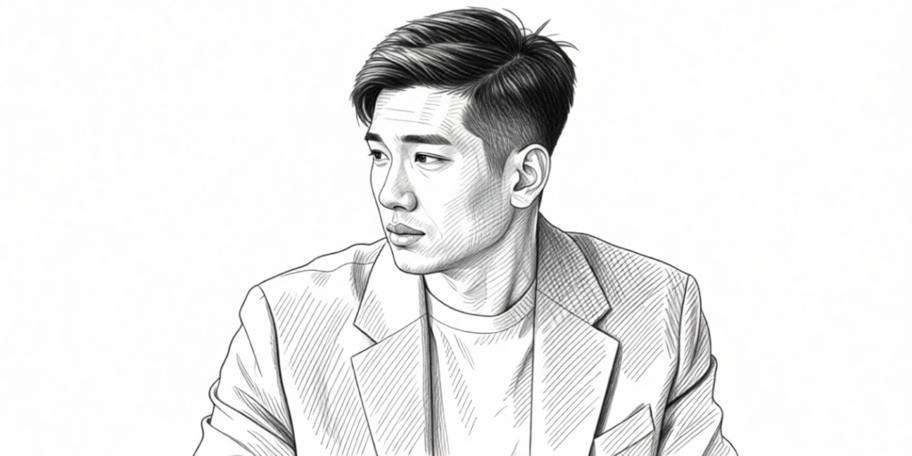 illustration of an asian male in a suit, thinking