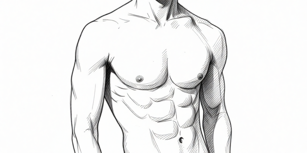 illustration of a muscular male torso with small nipples and abs