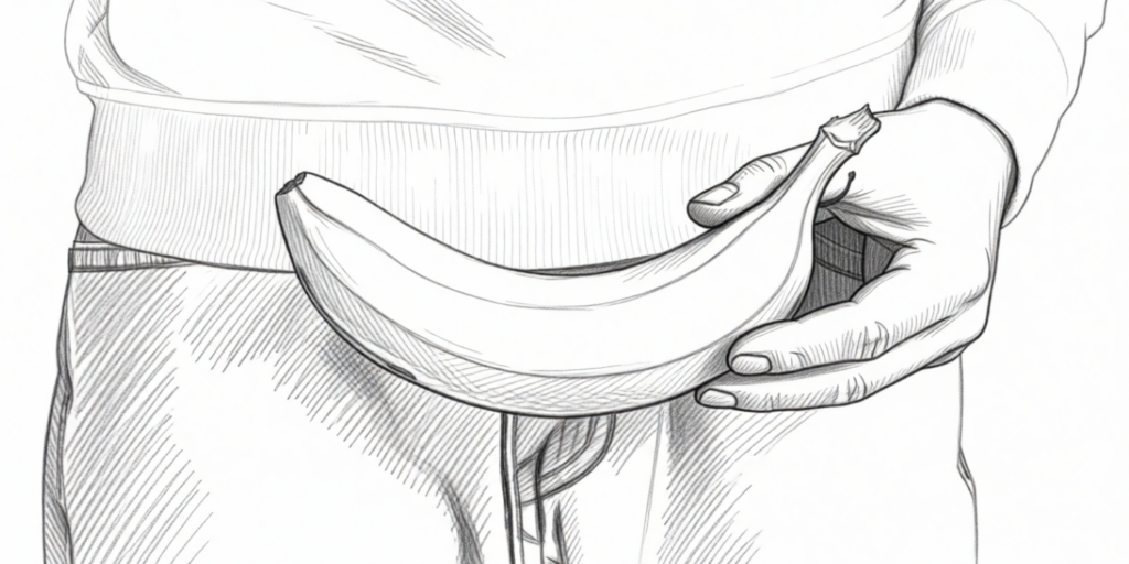 een persoon houdt een banaan vast voor zijn broek