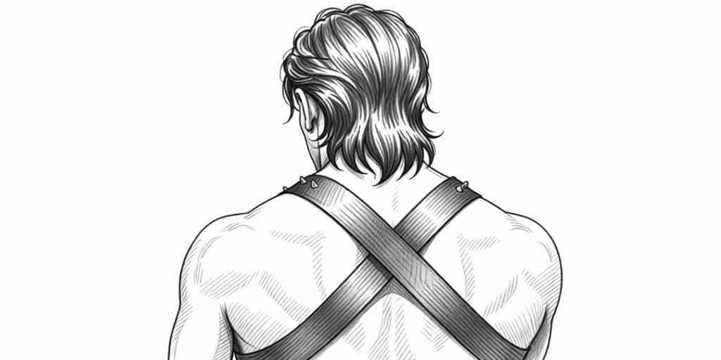 BDSM: De psychologie van dominantie en overgave 3 illustration of a man in a harness with medium long hair