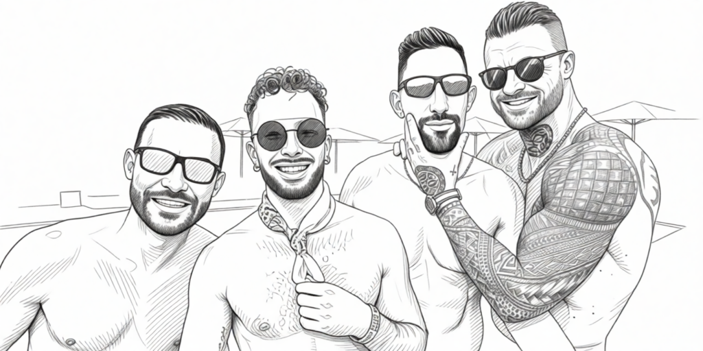 four shirtless men posing for a picture at Winter Pride in Maspalomas