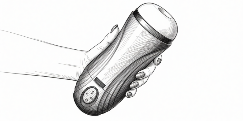 illustration of a masturbator in a hand, also known as a fleshlight or stroker