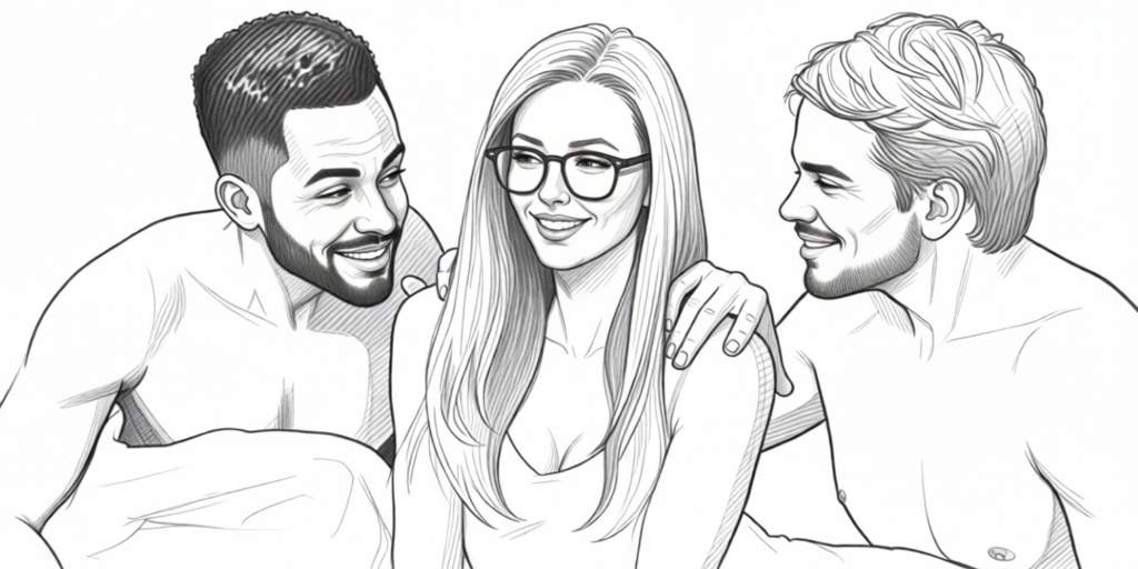illustration of a mmf trio couple sitting in bed