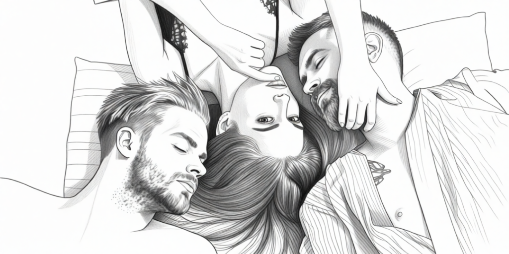 illustration of two men and a female in a mmf trio laying sensually on a bed