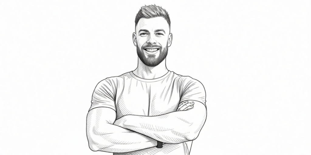 illustration of a muscular handsome male, crossing his arms and smiling