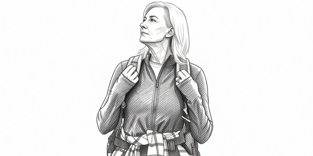 illustration of a senior woman in outdoor clothes, thinking