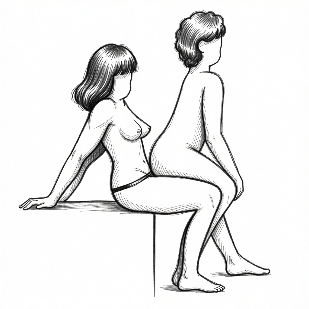 Pegging ontdekken: 7 standjes die vertrouwen en plezier verdiepen 4 naakte vrouw zit op een tafel terwijl een naakte man met zijn rug naar haar toe op haar schoot zit, ze doen aan pegging