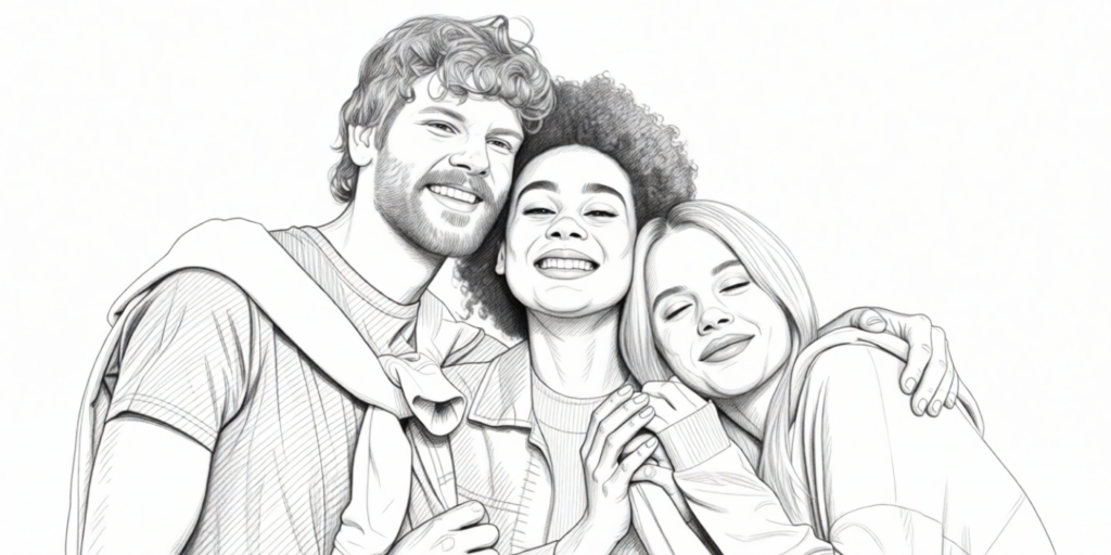 illustration of a polyamorous couple, cuddling together