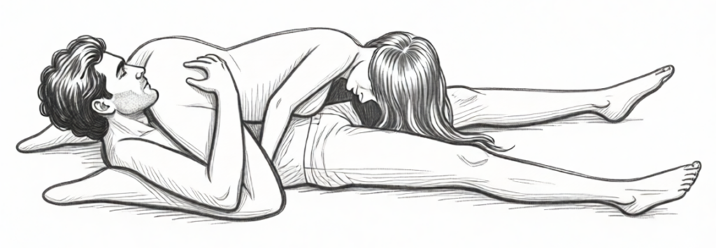 de vrouw ligt op haar buik en de man ligt op zijn rug, ze liggen in de 69 positie
