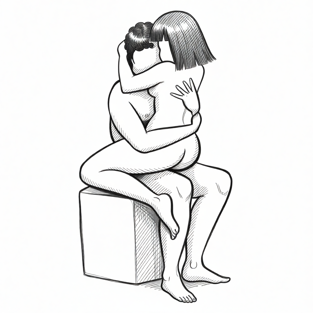zwarte en witte tekening van twee naakte figuren die elkaar omhelzen terwijl ze op een blok zitten