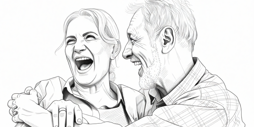 illustration of a senior couple laughing romantically and having fun