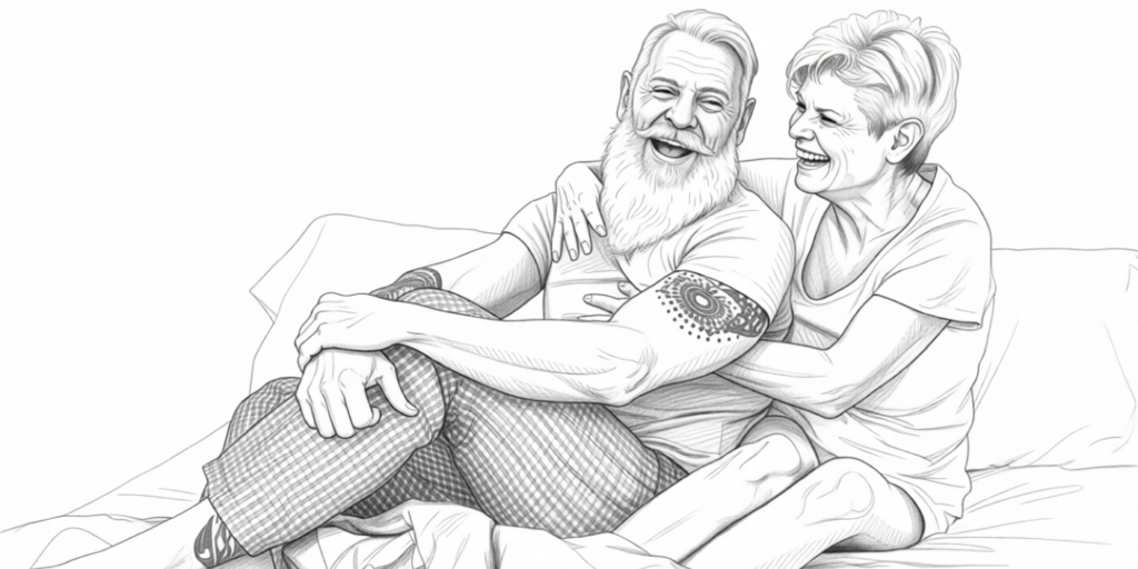 illustration of a senior couple laughing, spooning and sitting on a bed