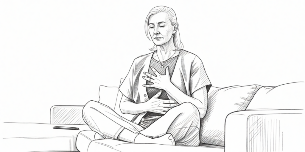 De bevrijdende kracht van seksspeeltjes voor vrouwen boven de 60 1 woman sitting on the couch, doing breathing exercises