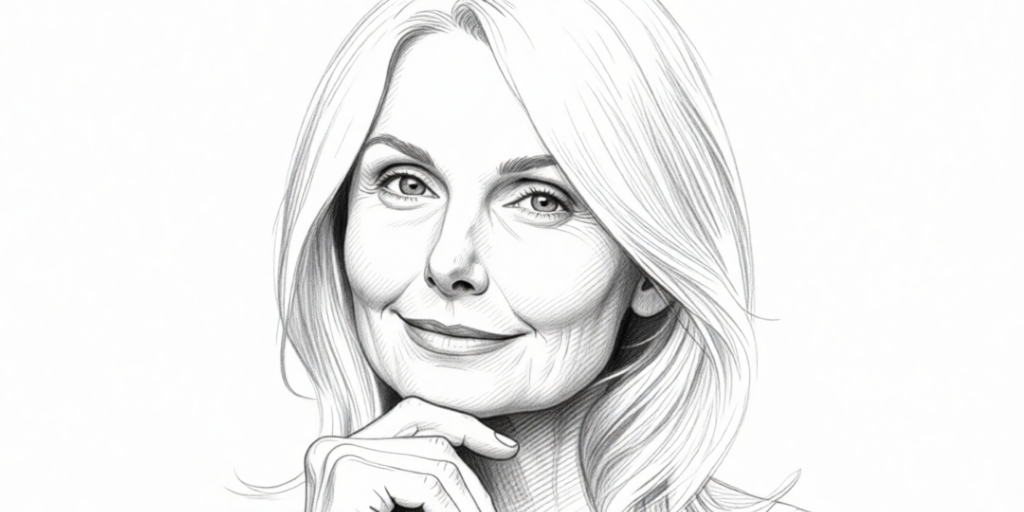 portret van een vrouw met lang haar die glimlacht en haar kin op haar hand rust