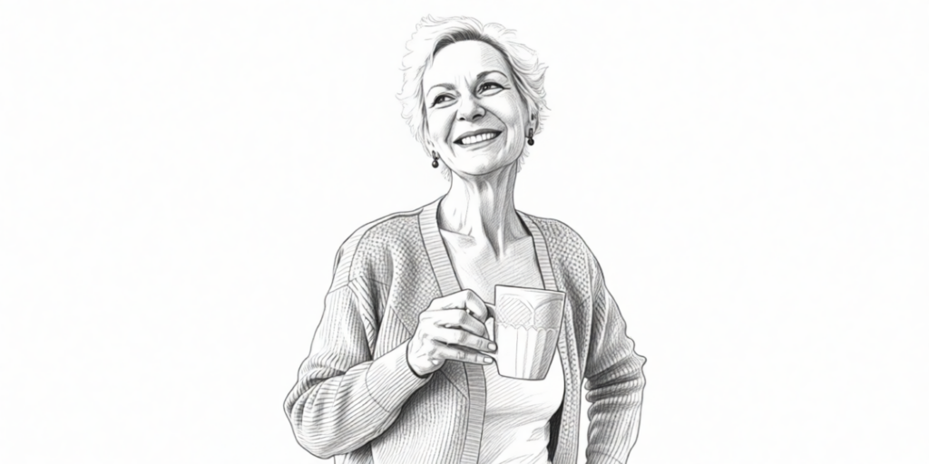 illustration of a senior woman smiling, looking to the left and holding a mug